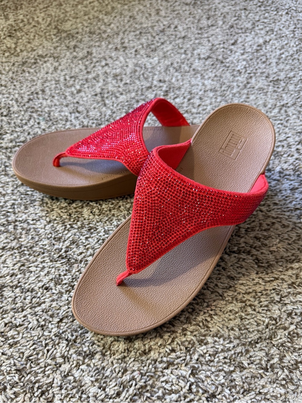 Fitflop Red Rhinestone Thong Sandals with Brown Footbed